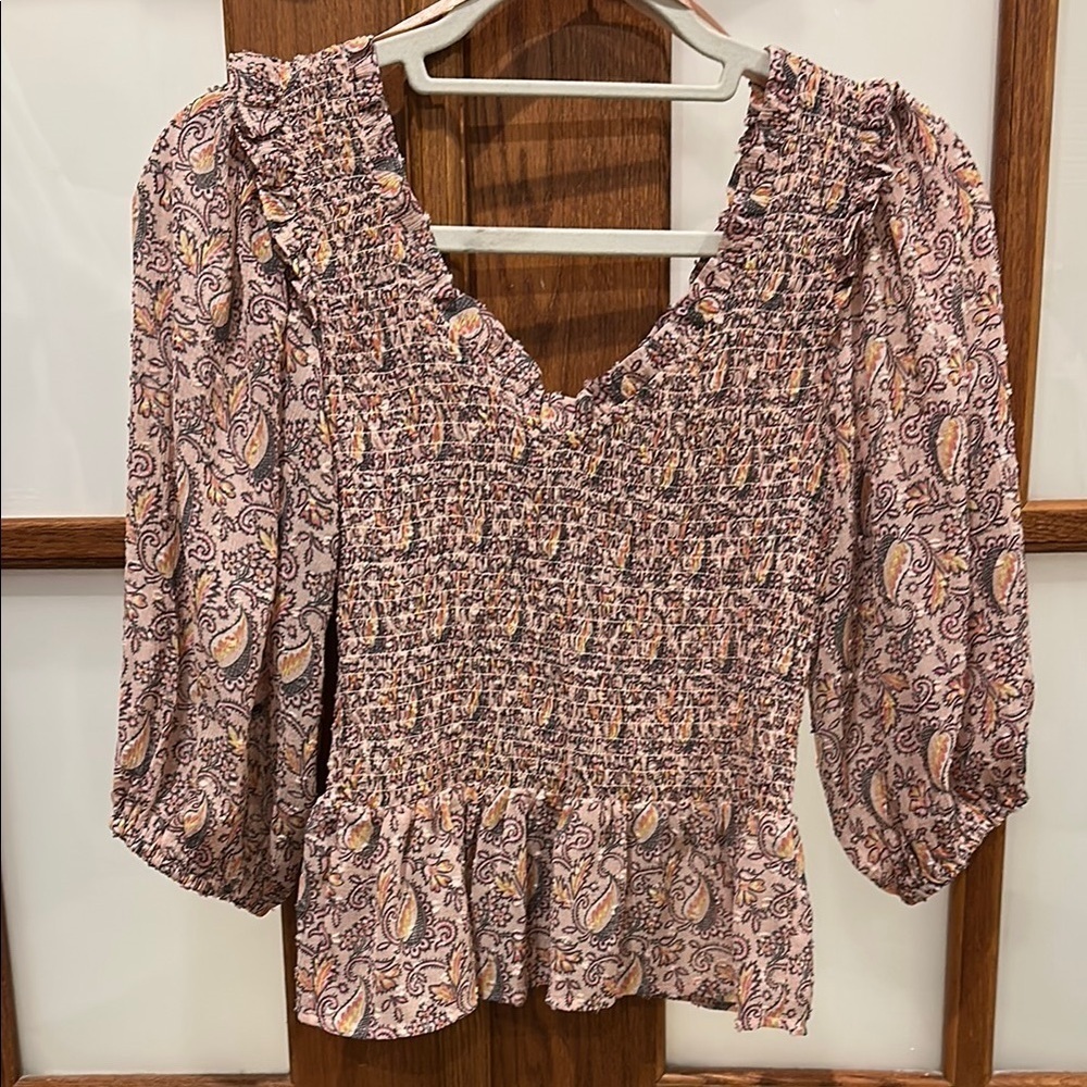 Topshop Pink and Brown Puff Sleeve Blouse with Smocked Tie Front​​​​​ - Picture 3 of 6